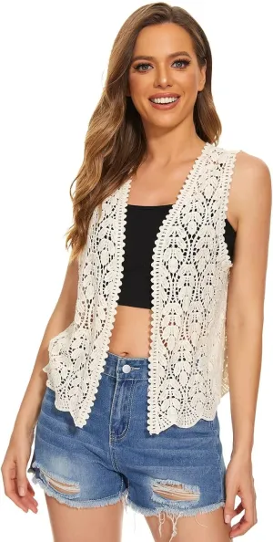 Womens Floral Crochet Lace Trim Sleeveless Open Front Vest Cardigan