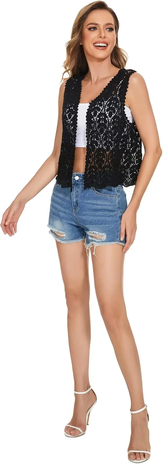 Womens Floral Crochet Lace Trim Sleeveless Open Front Vest Cardigan