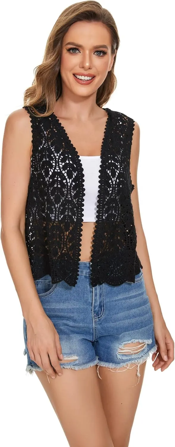 Womens Floral Crochet Lace Trim Sleeveless Open Front Vest Cardigan