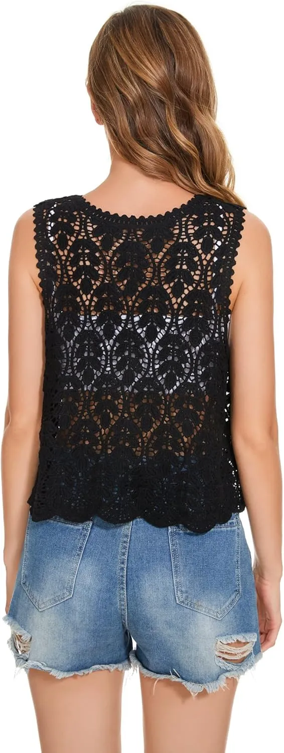 Womens Floral Crochet Lace Trim Sleeveless Open Front Vest Cardigan