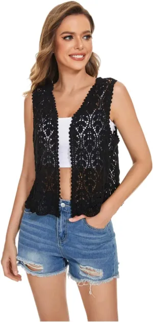 Womens Floral Crochet Lace Trim Sleeveless Open Front Vest Cardigan
