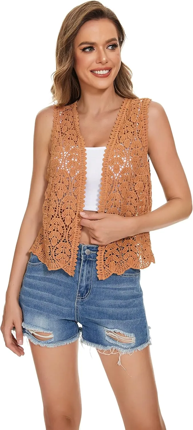 Womens Floral Crochet Lace Trim Sleeveless Open Front Vest Cardigan