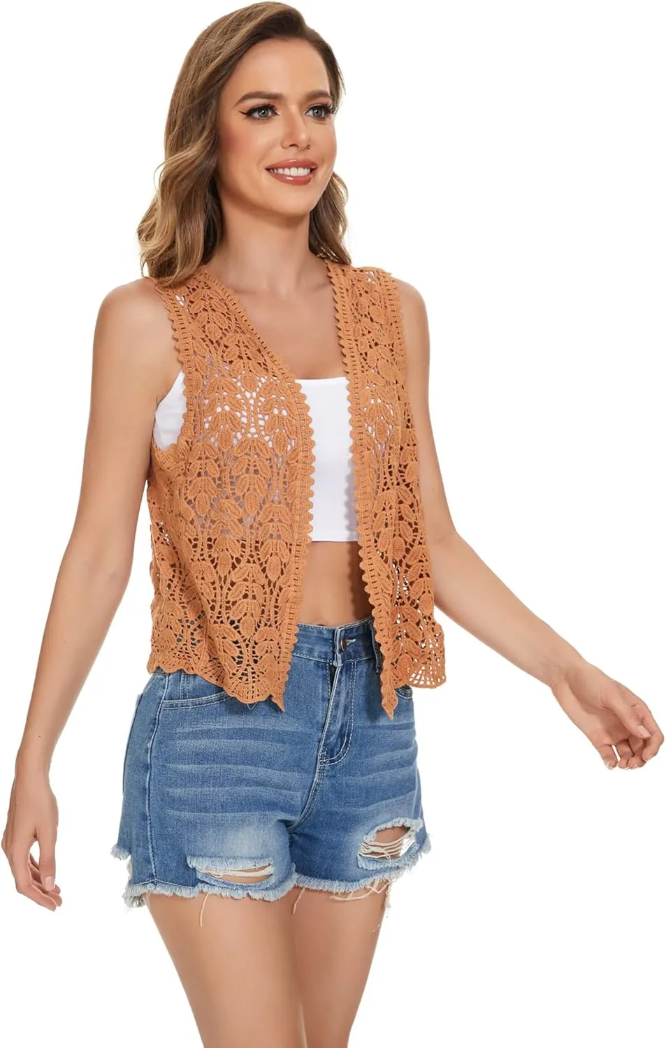 Womens Floral Crochet Lace Trim Sleeveless Open Front Vest Cardigan