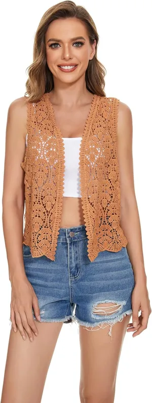 Womens Floral Crochet Lace Trim Sleeveless Open Front Vest Cardigan