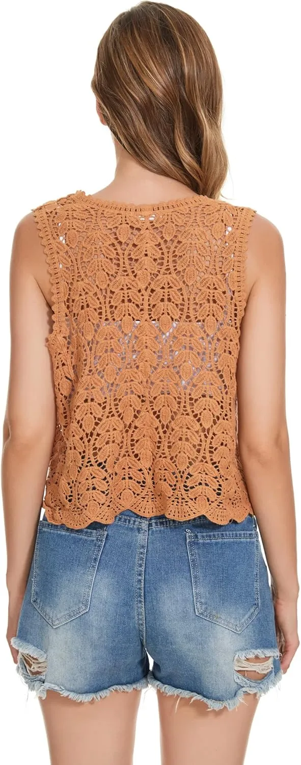 Womens Floral Crochet Lace Trim Sleeveless Open Front Vest Cardigan