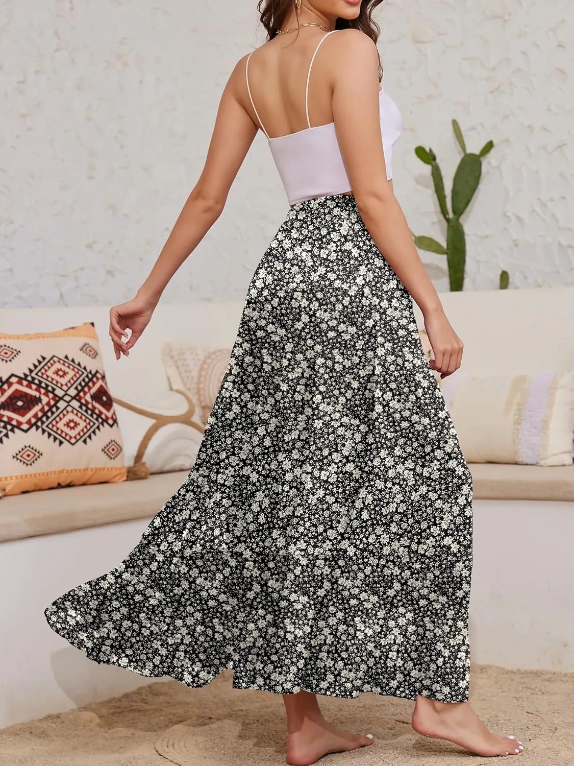 Women's Flowy Maxi Skirt Boho Summer Beach High Waisted Casual A-Line Pleated Long Skirts with Pockets