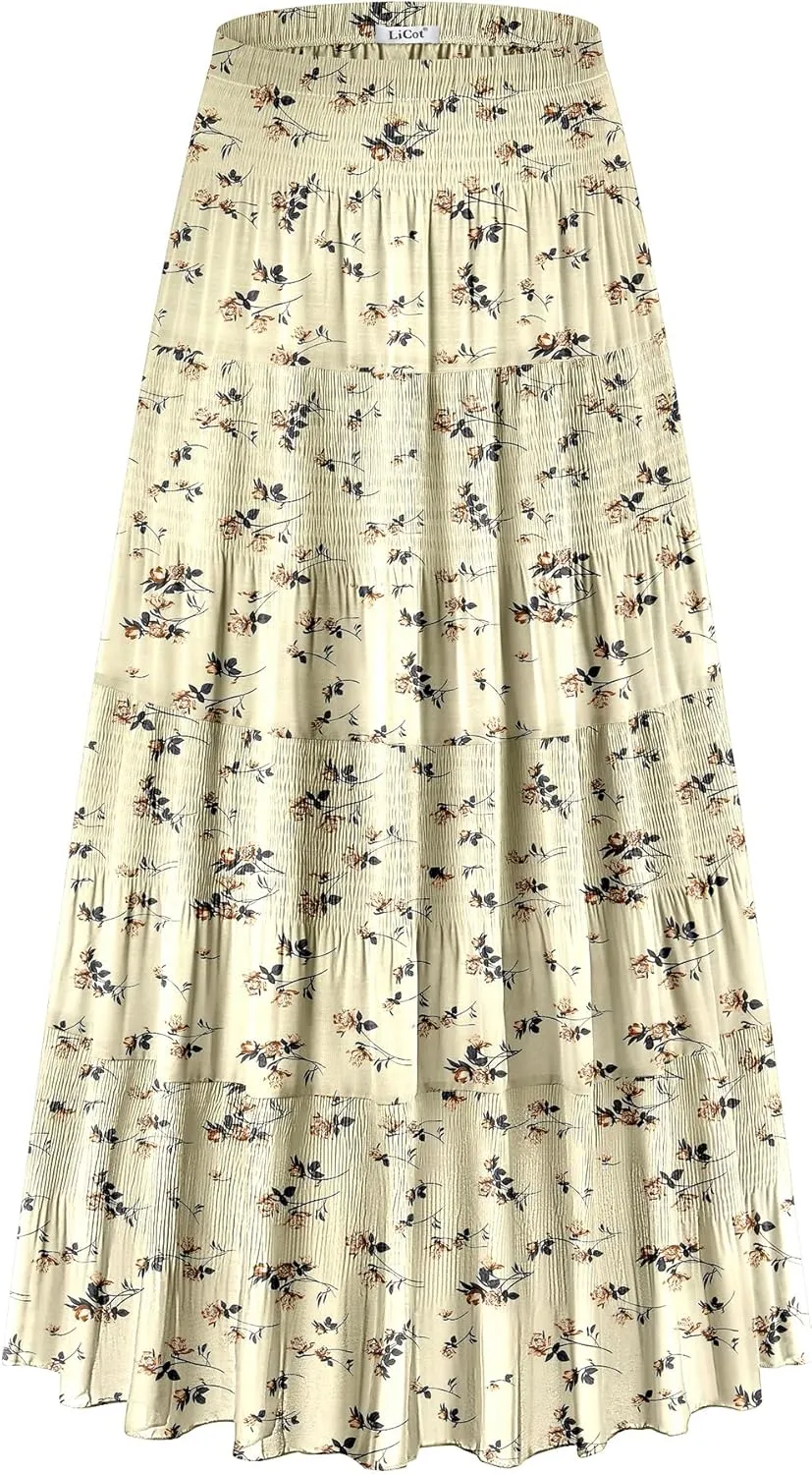 Women's Flowy Maxi Skirt Boho Summer Beach High Waisted Casual A-Line Pleated Long Skirts with Pockets