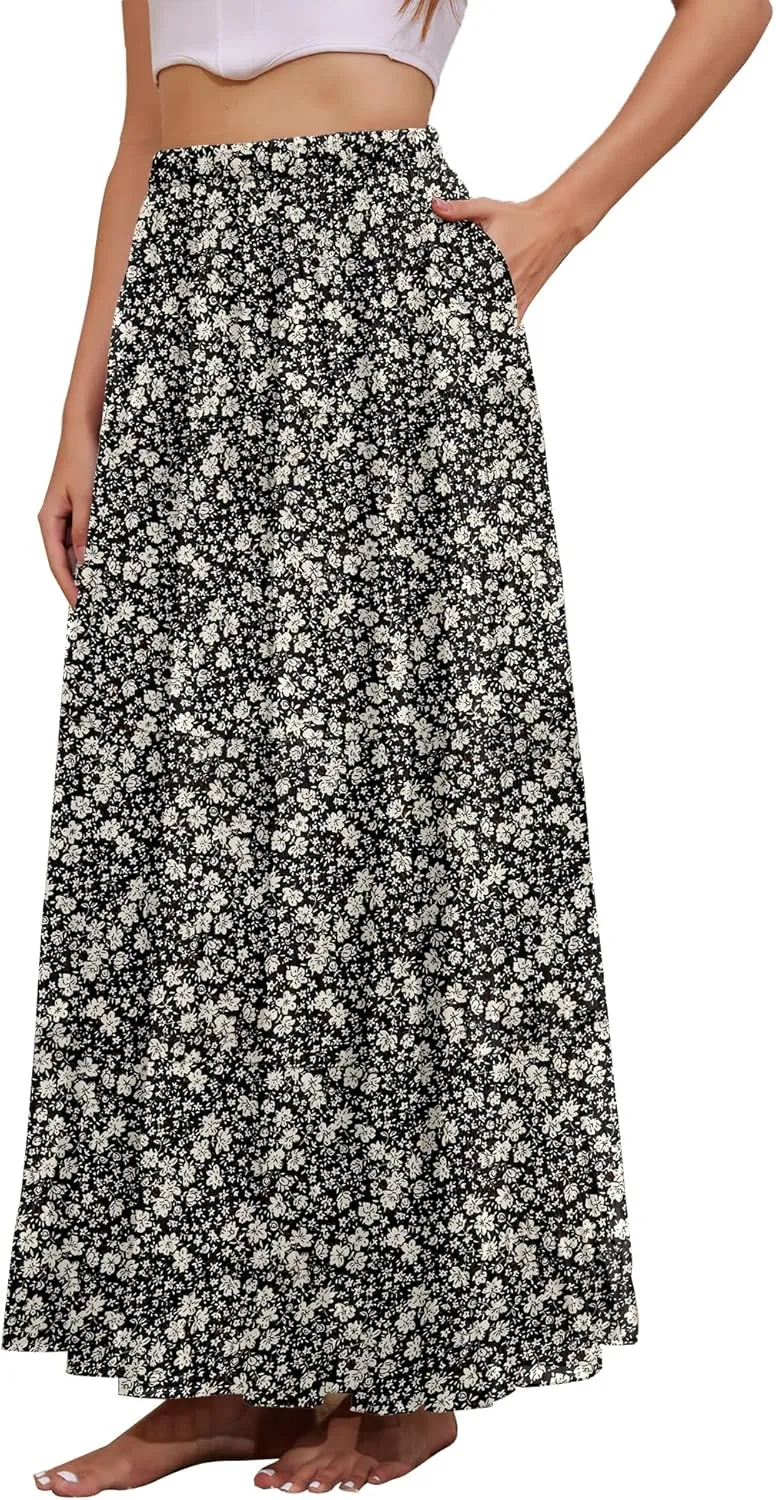 Women's Flowy Maxi Skirt Boho Summer Beach High Waisted Casual A-Line Pleated Long Skirts with Pockets