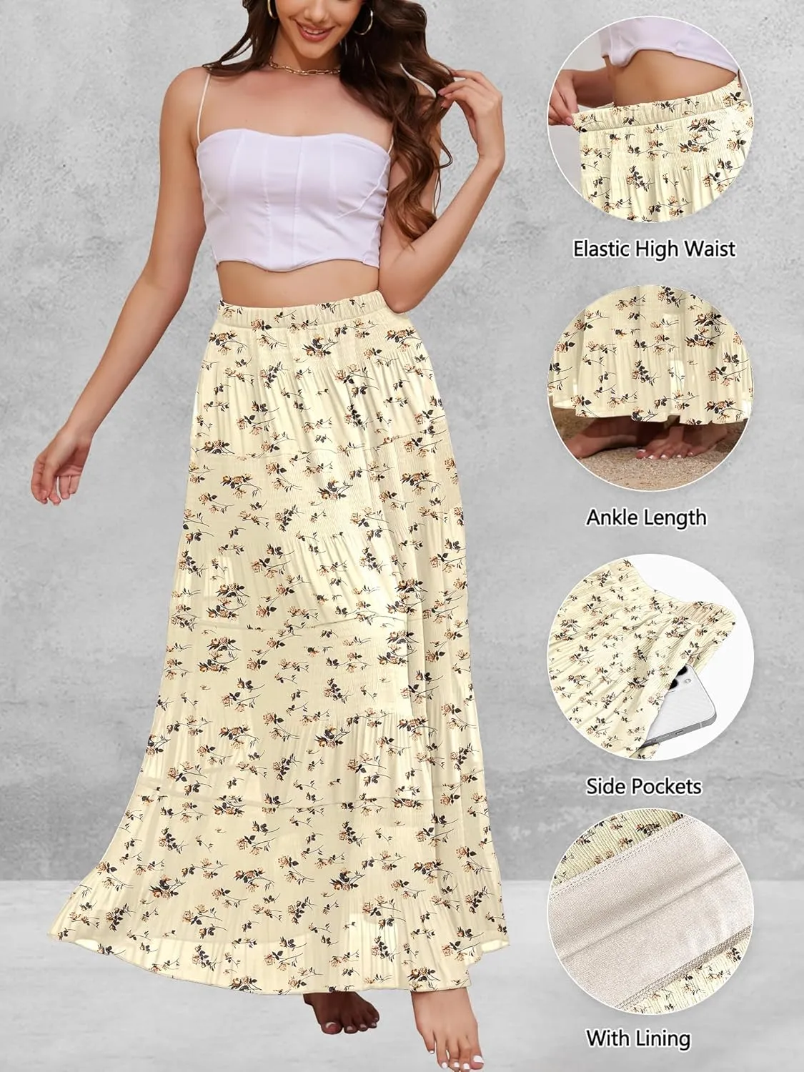 Women's Flowy Maxi Skirt Boho Summer Beach High Waisted Casual A-Line Pleated Long Skirts with Pockets