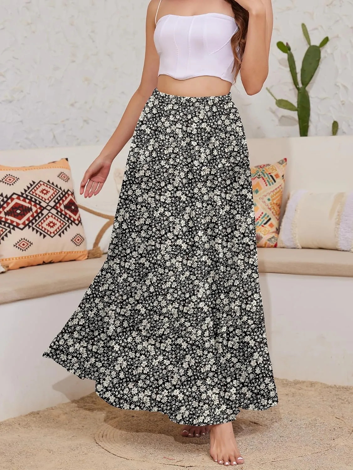 Women's Flowy Maxi Skirt Boho Summer Beach High Waisted Casual A-Line Pleated Long Skirts with Pockets