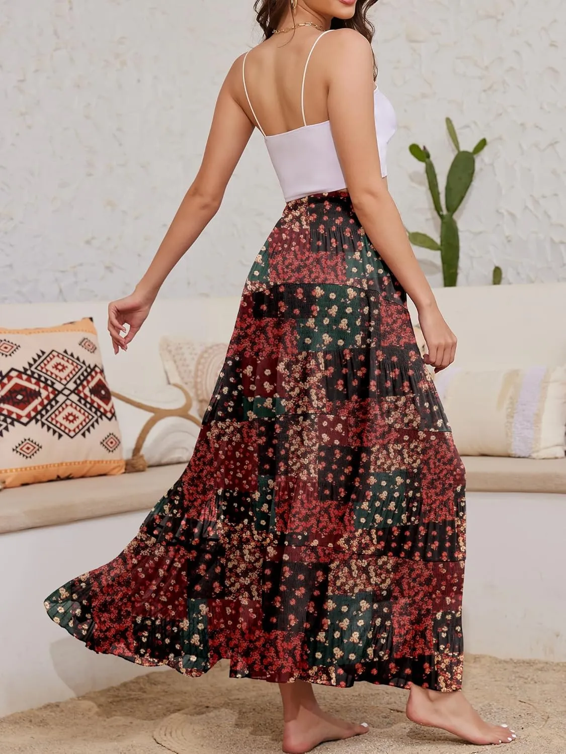 Women's Flowy Maxi Skirt Boho Summer Beach High Waisted Casual A-Line Pleated Long Skirts with Pockets