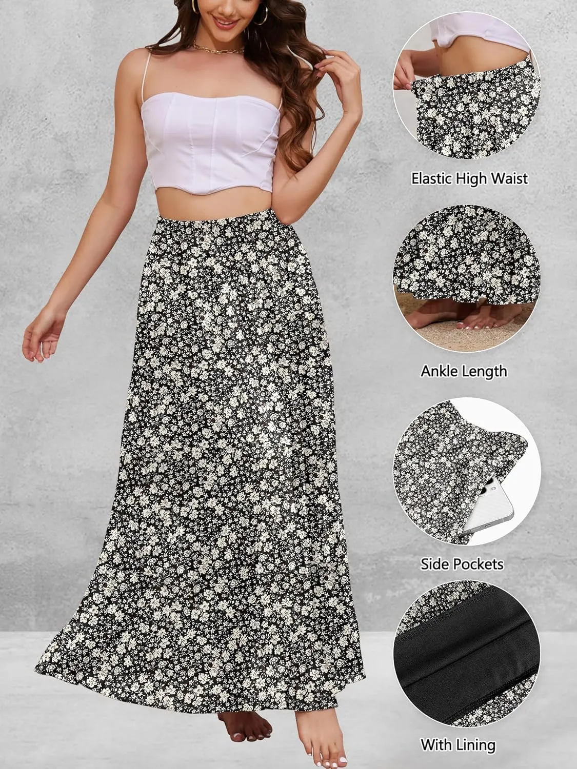 Women's Flowy Maxi Skirt Boho Summer Beach High Waisted Casual A-Line Pleated Long Skirts with Pockets