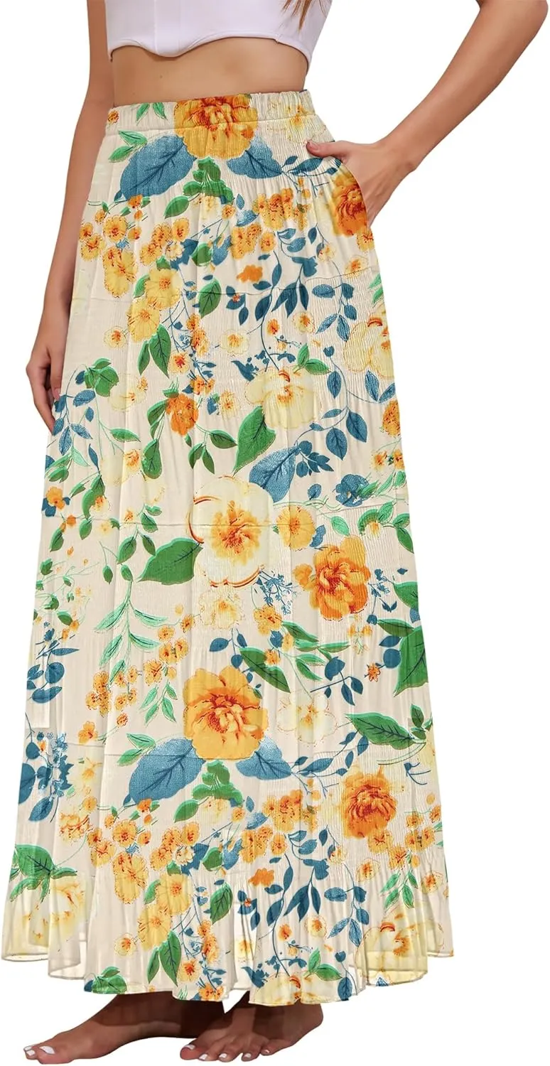 Women's Flowy Maxi Skirt Boho Summer Beach High Waisted Casual A-Line Pleated Long Skirts with Pockets