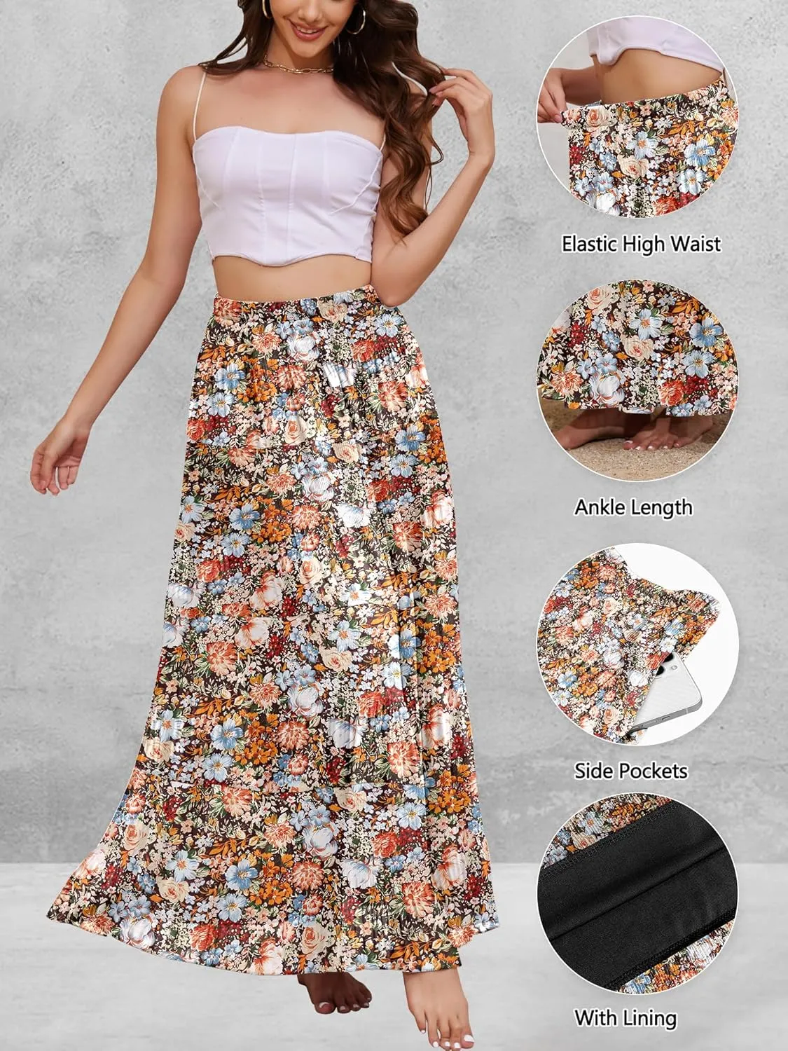 Women's Flowy Maxi Skirt Boho Summer Beach High Waisted Casual A-Line Pleated Long Skirts with Pockets