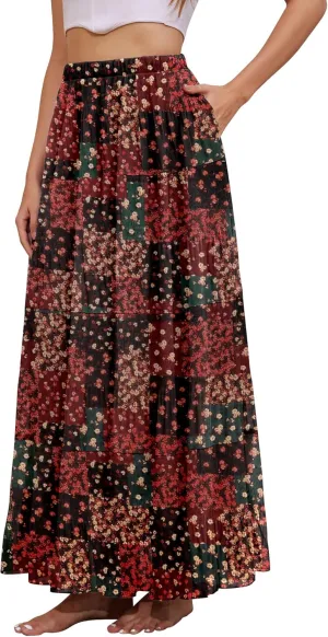 Women's Flowy Maxi Skirt Boho Summer Beach High Waisted Casual A-Line Pleated Long Skirts with Pockets