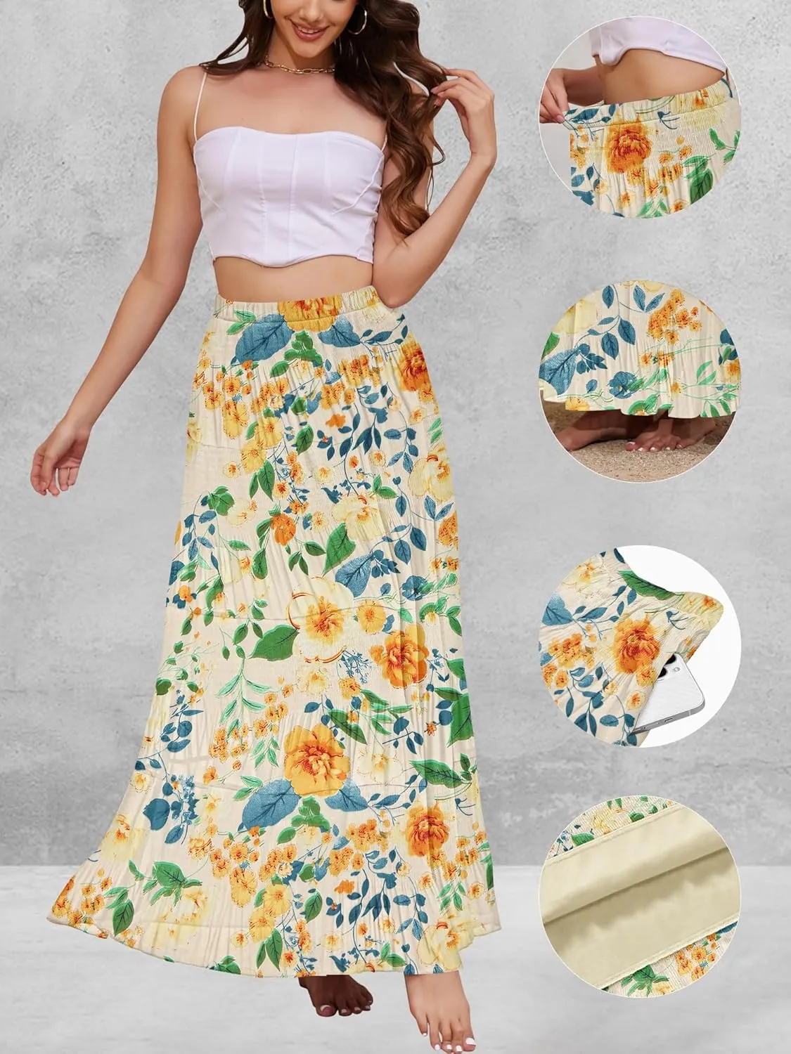 Women's Flowy Maxi Skirt Boho Summer Beach High Waisted Casual A-Line Pleated Long Skirts with Pockets