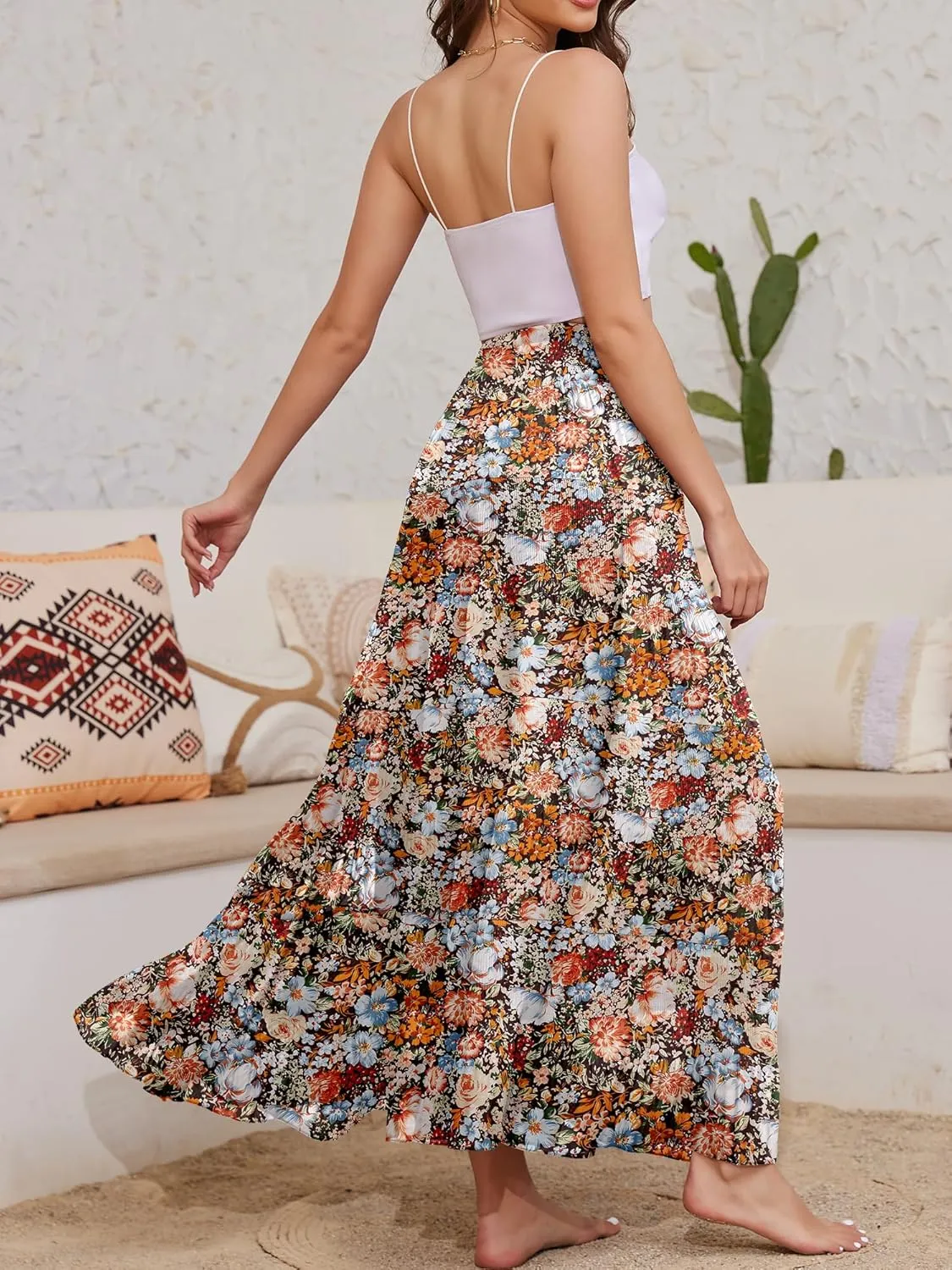 Women's Flowy Maxi Skirt Boho Summer Beach High Waisted Casual A-Line Pleated Long Skirts with Pockets