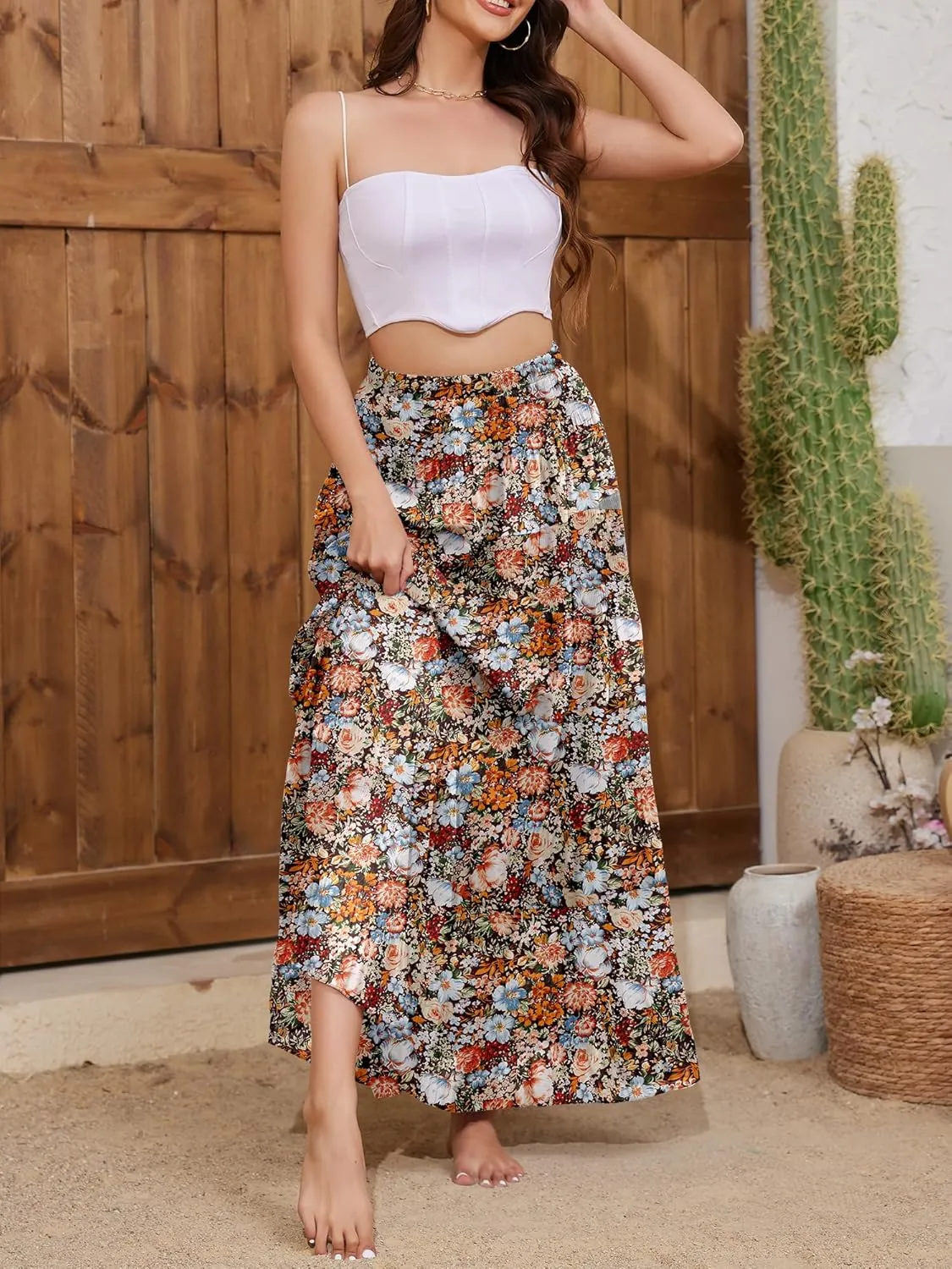 Women's Flowy Maxi Skirt Boho Summer Beach High Waisted Casual A-Line Pleated Long Skirts with Pockets
