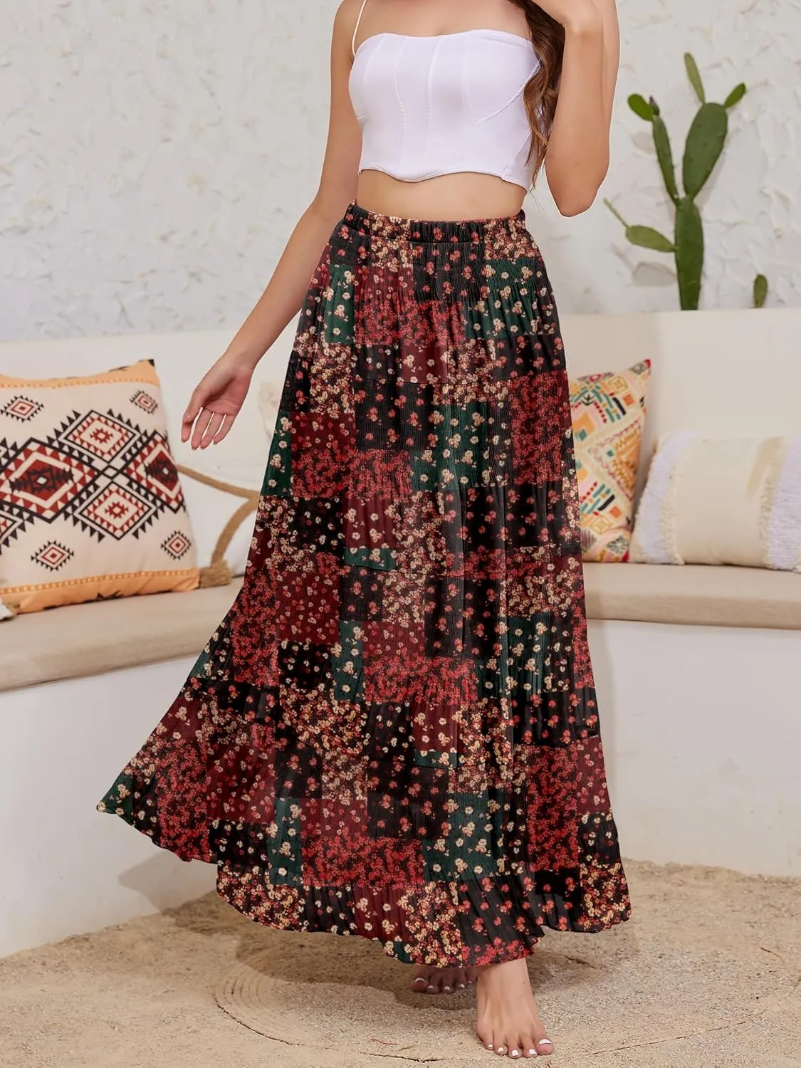 Women's Flowy Maxi Skirt Boho Summer Beach High Waisted Casual A-Line Pleated Long Skirts with Pockets