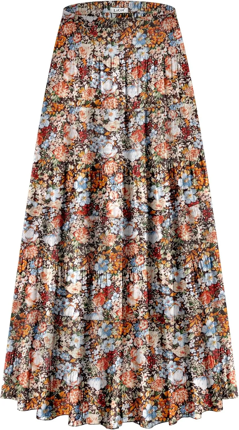 Women's Flowy Maxi Skirt Boho Summer Beach High Waisted Casual A-Line Pleated Long Skirts with Pockets