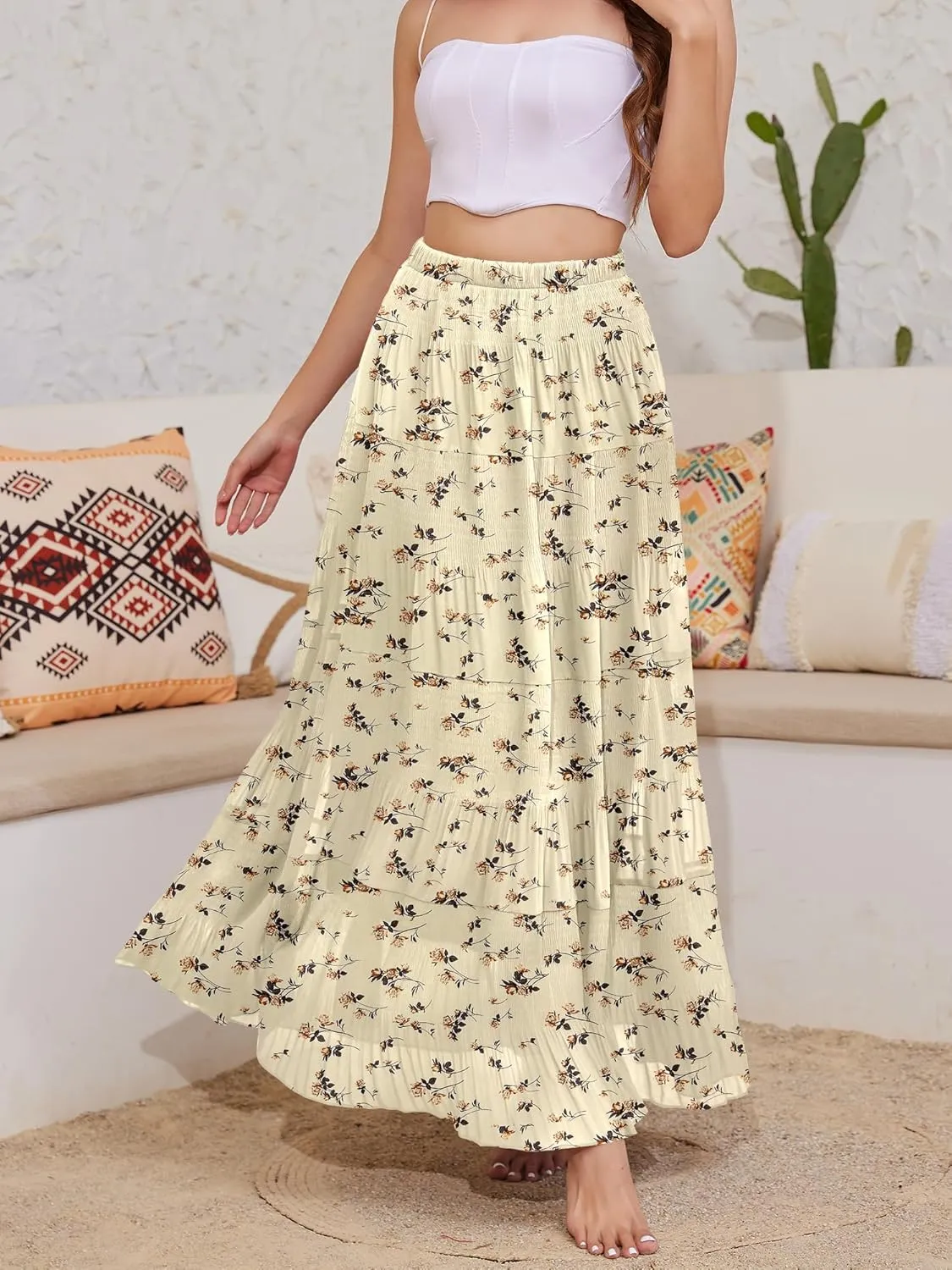 Women's Flowy Maxi Skirt Boho Summer Beach High Waisted Casual A-Line Pleated Long Skirts with Pockets