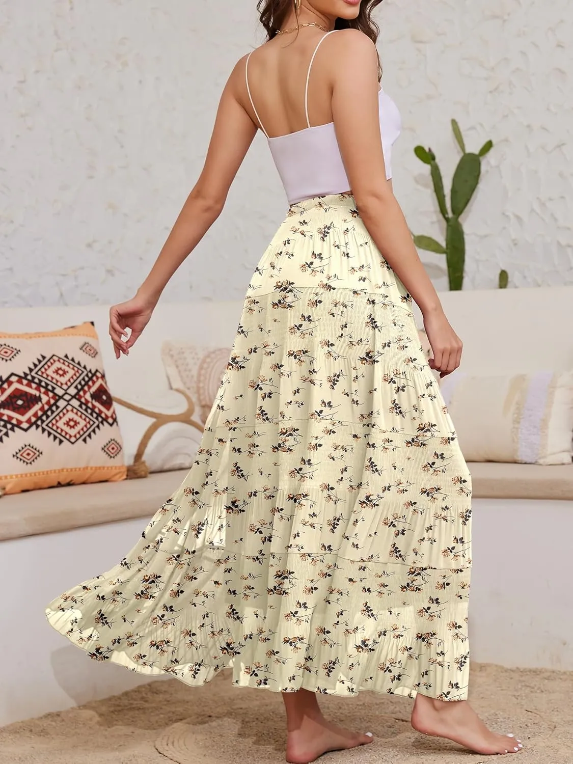 Women's Flowy Maxi Skirt Boho Summer Beach High Waisted Casual A-Line Pleated Long Skirts with Pockets