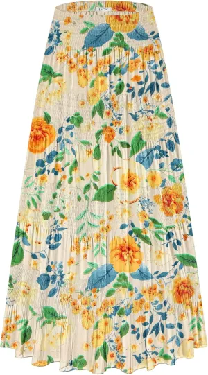 Women's Flowy Maxi Skirt Boho Summer Beach High Waisted Casual A-Line Pleated Long Skirts with Pockets