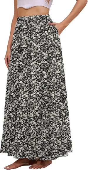 Women's Flowy Maxi Skirt Boho Summer Beach High Waisted Casual A-Line Pleated Long Skirts with Pockets