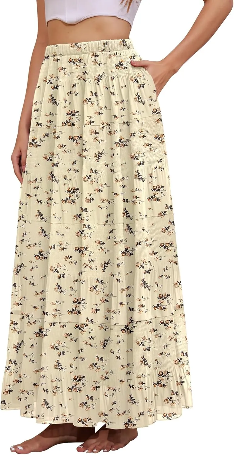 Women's Flowy Maxi Skirt Boho Summer Beach High Waisted Casual A-Line Pleated Long Skirts with Pockets