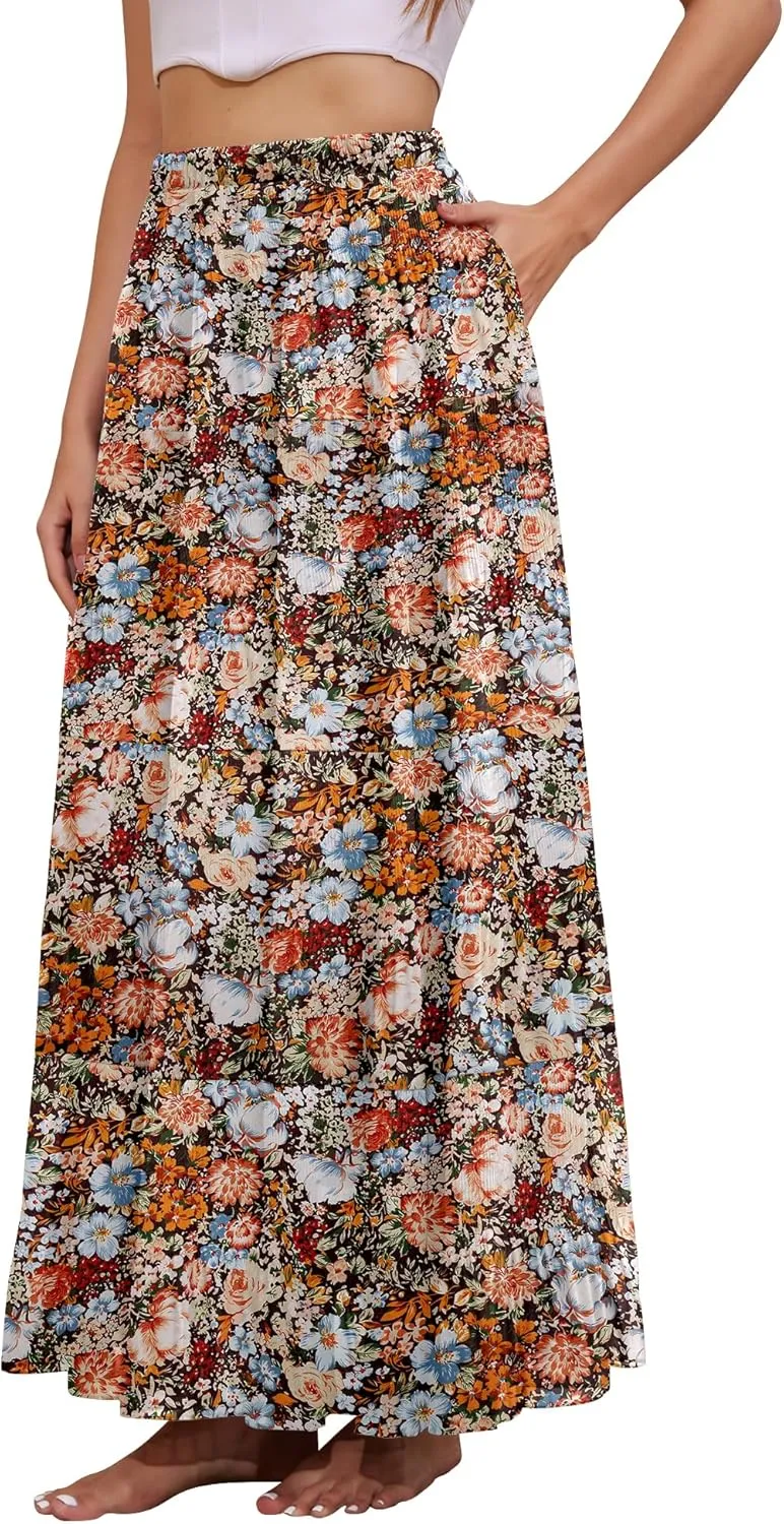 Women's Flowy Maxi Skirt Boho Summer Beach High Waisted Casual A-Line Pleated Long Skirts with Pockets