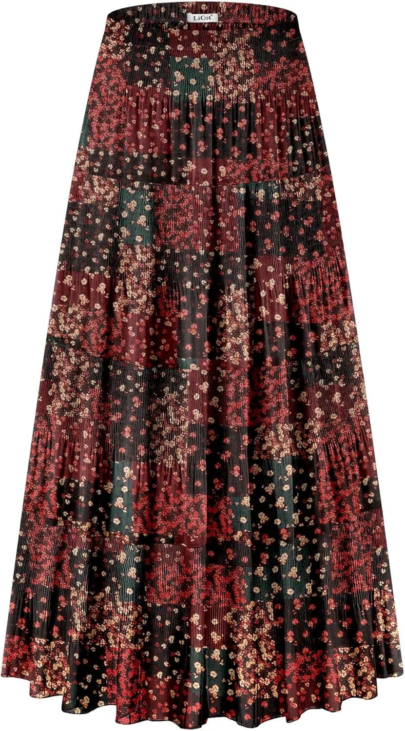 Women's Flowy Maxi Skirt Boho Summer Beach High Waisted Casual A-Line Pleated Long Skirts with Pockets