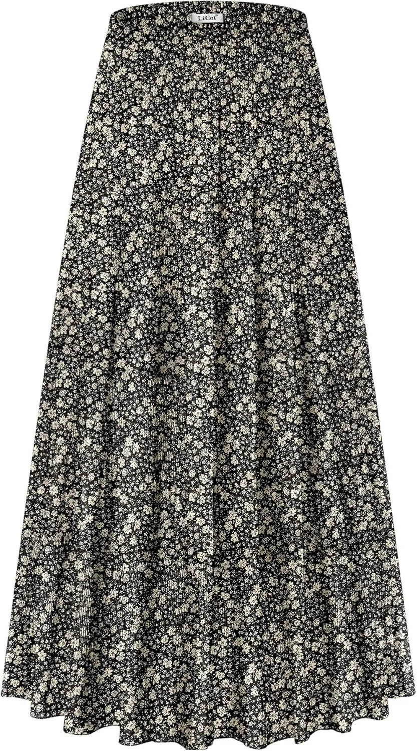Women's Flowy Maxi Skirt Boho Summer Beach High Waisted Casual A-Line Pleated Long Skirts with Pockets