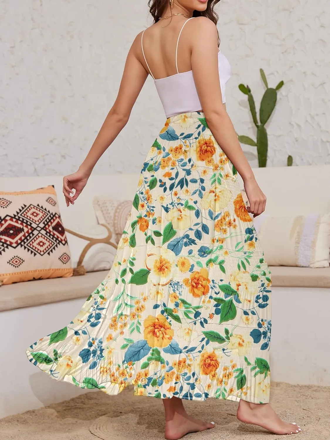 Women's Flowy Maxi Skirt Boho Summer Beach High Waisted Casual A-Line Pleated Long Skirts with Pockets