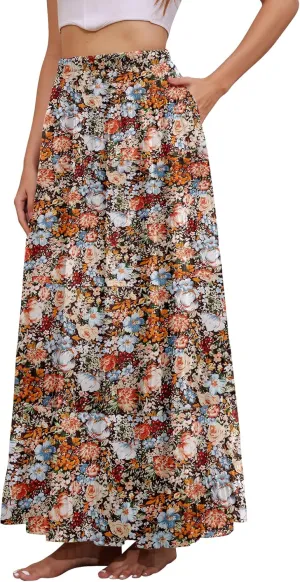 Women's Flowy Maxi Skirt Boho Summer Beach High Waisted Casual A-Line Pleated Long Skirts with Pockets