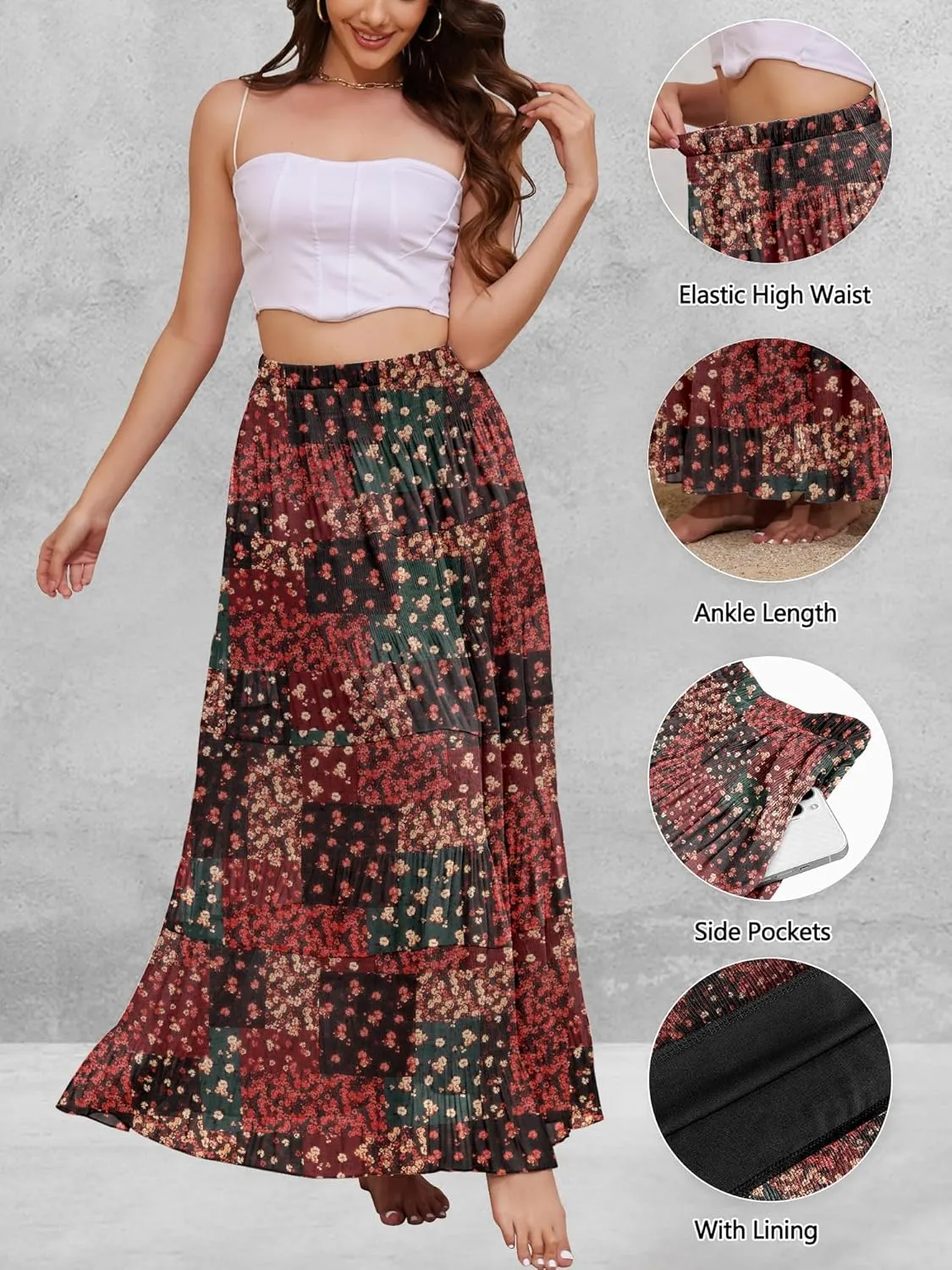 Women's Flowy Maxi Skirt Boho Summer Beach High Waisted Casual A-Line Pleated Long Skirts with Pockets