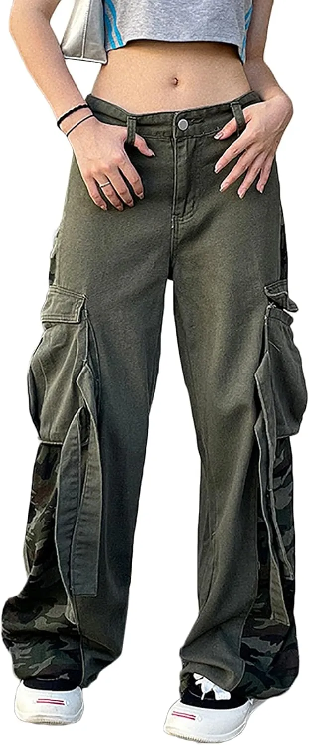 Women's Gothic High Waist Print Cargo Pants Casual Loose Punk Buckle Denim Pants Trousers Streetwear