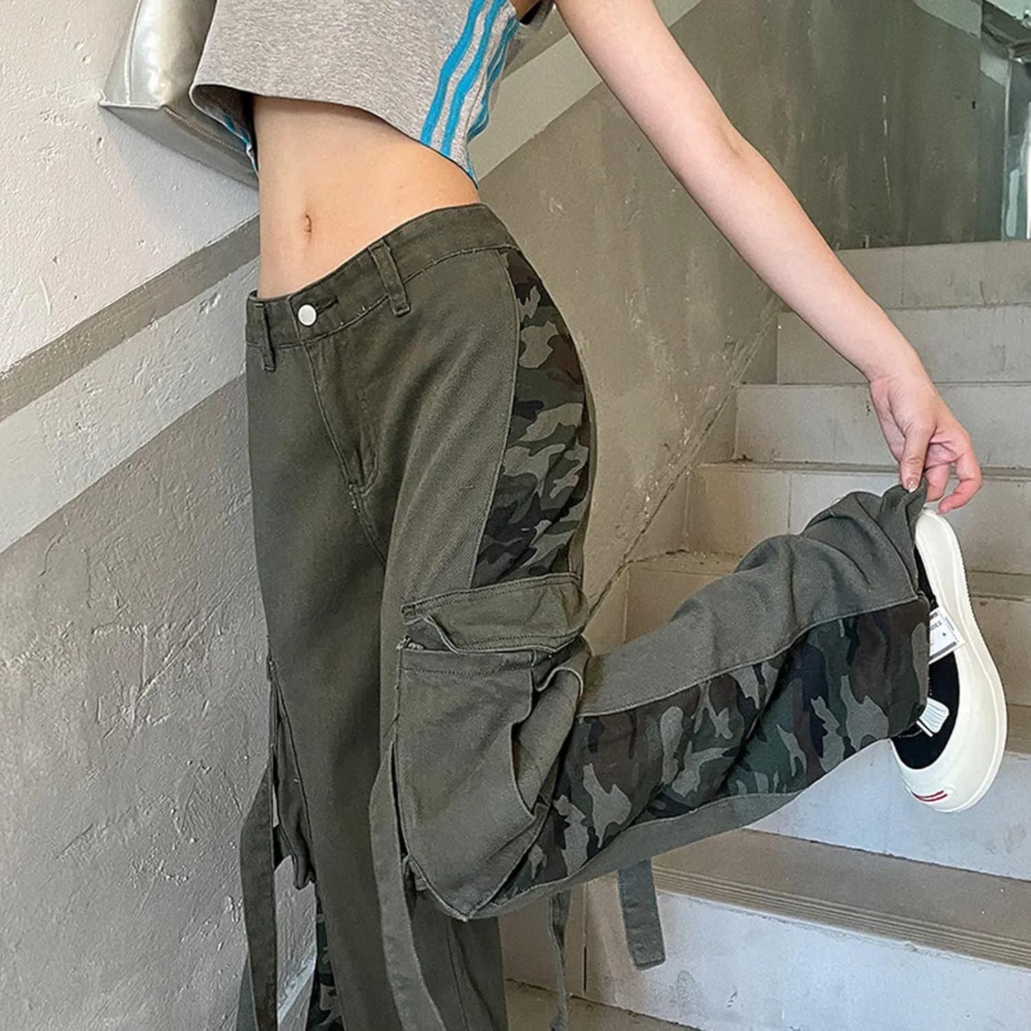 Women's Gothic High Waist Print Cargo Pants Casual Loose Punk Buckle Denim Pants Trousers Streetwear