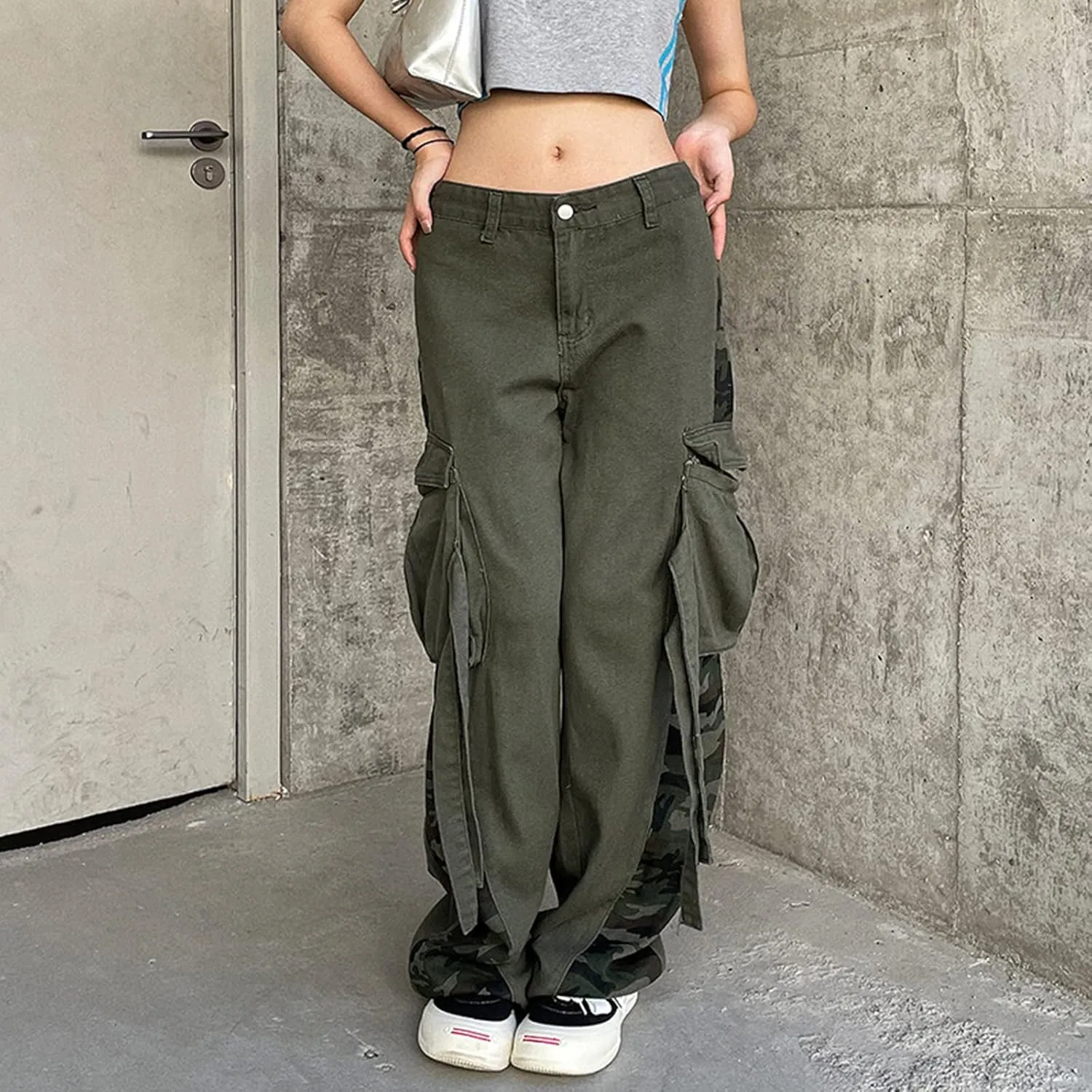 Women's Gothic High Waist Print Cargo Pants Casual Loose Punk Buckle Denim Pants Trousers Streetwear