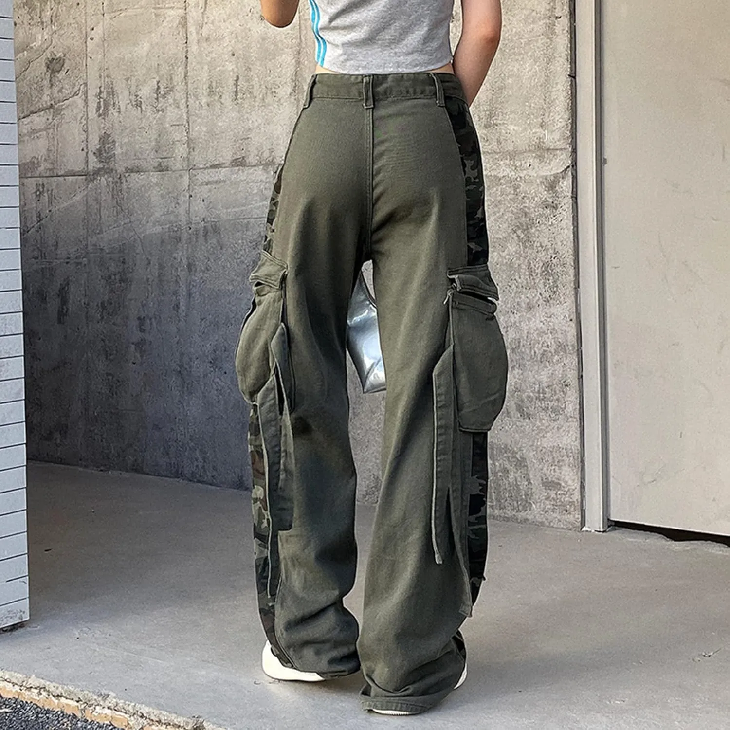 Women's Gothic High Waist Print Cargo Pants Casual Loose Punk Buckle Denim Pants Trousers Streetwear