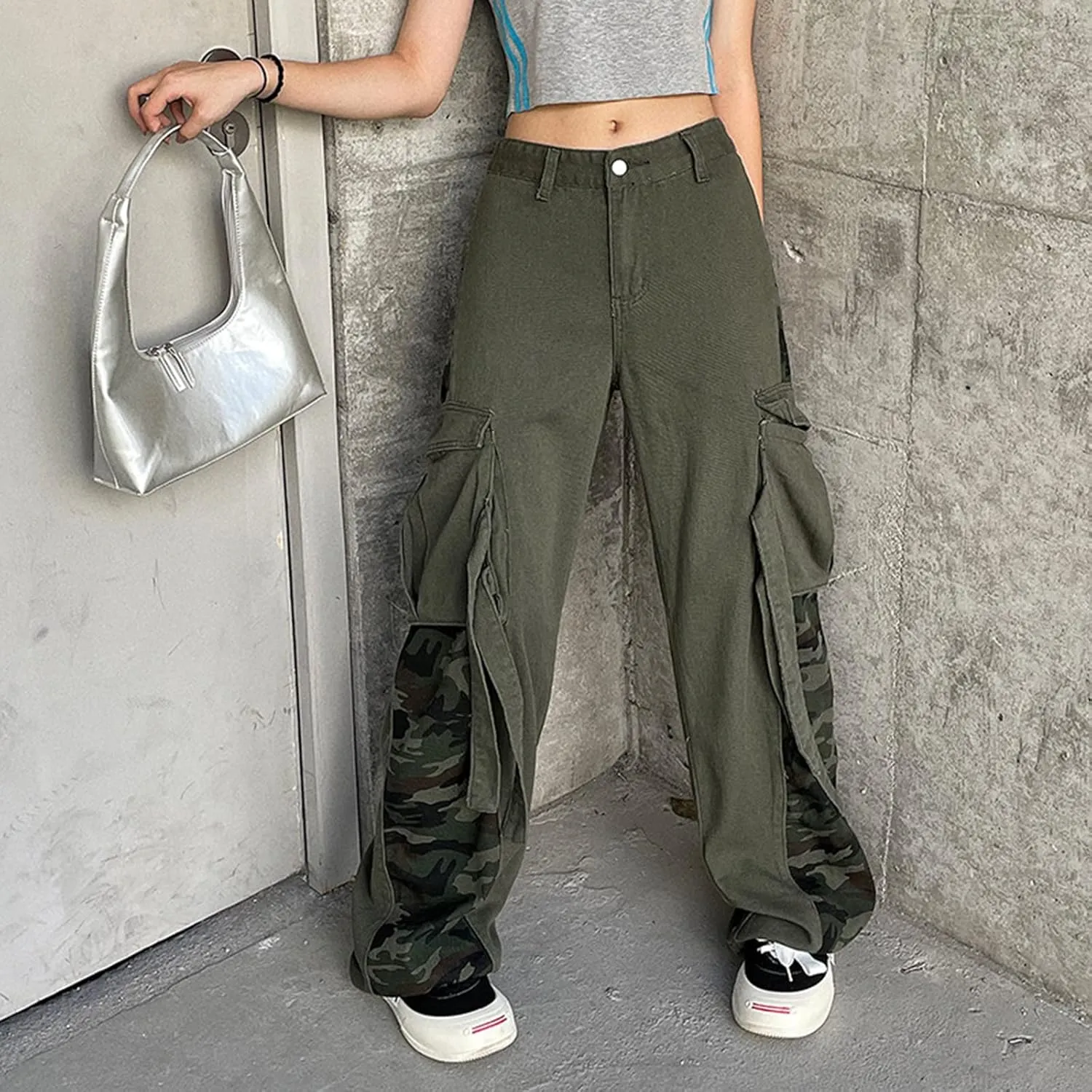 Women's Gothic High Waist Print Cargo Pants Casual Loose Punk Buckle Denim Pants Trousers Streetwear