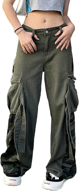 Women's Gothic High Waist Print Cargo Pants Casual Loose Punk Buckle Denim Pants Trousers Streetwear