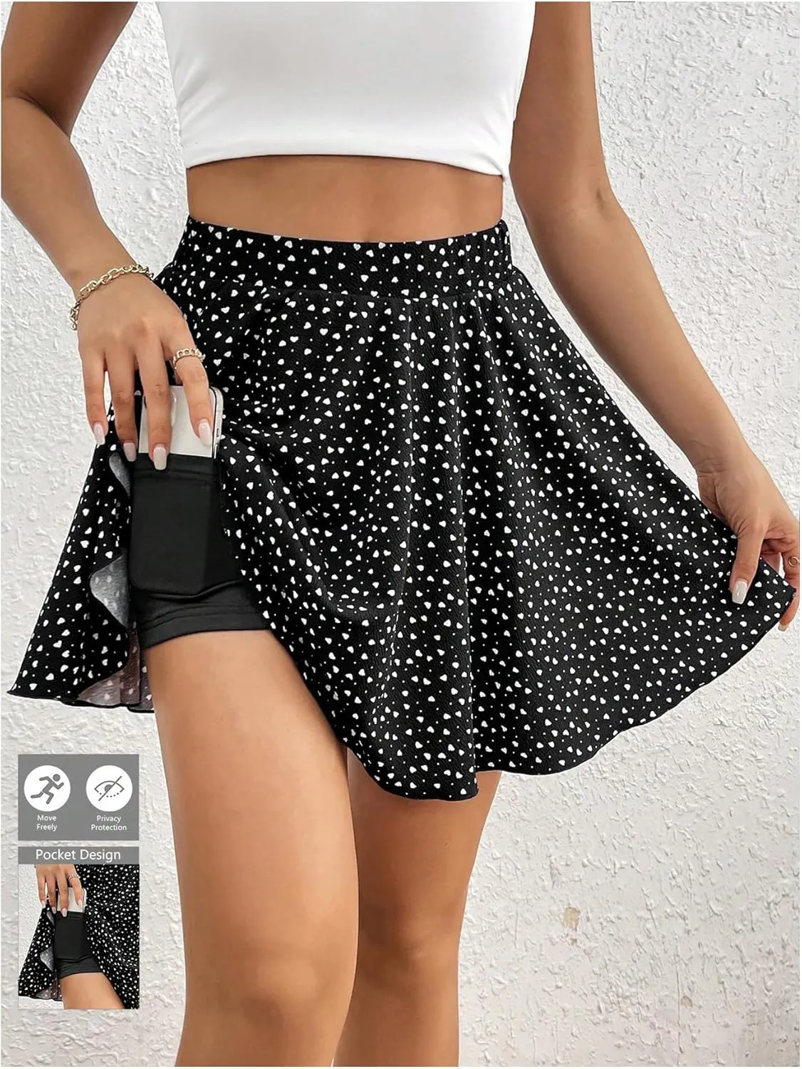 Women's Heart Print High Waisted Skorts A Line Summer Flowy Skirt Shorts
