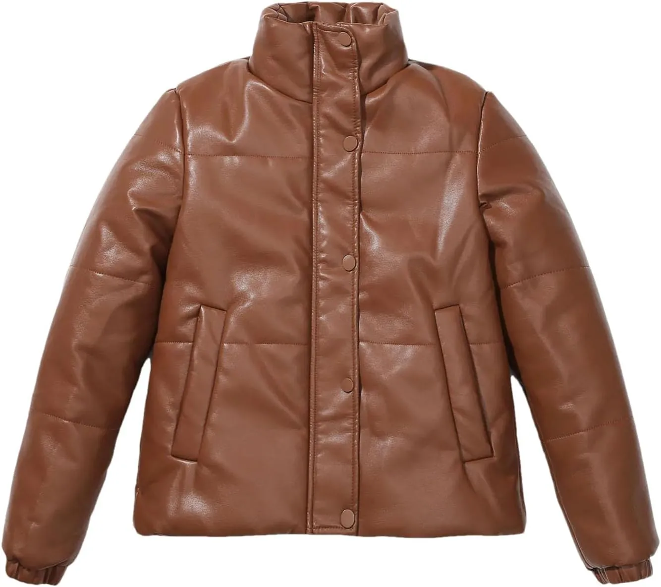 Women's High Collar Faux Leather Parka Coat Vintage Zipper Button Cotton-Padded Jacket