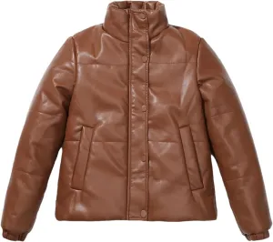 Women's High Collar Faux Leather Parka Coat Vintage Zipper Button Cotton-Padded Jacket