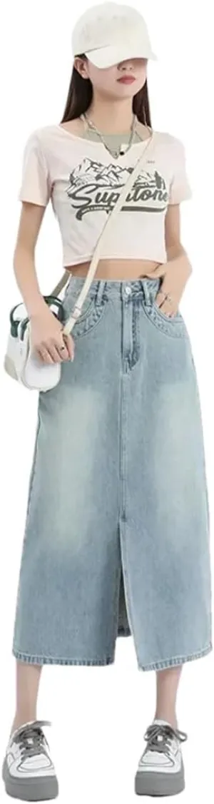 Women's High-Waisted Denim Loose Fit Slimming Medium Length Bodycon Design Skirt