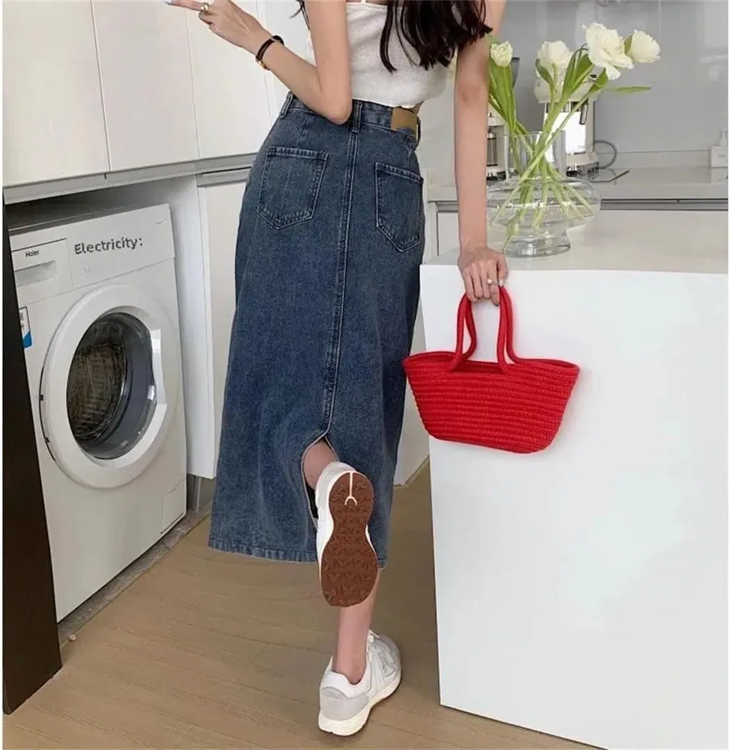 Women's High-Waisted Denim Skirt Plus Size Design Sensibility Slimming Side Slit A- Line Skirt