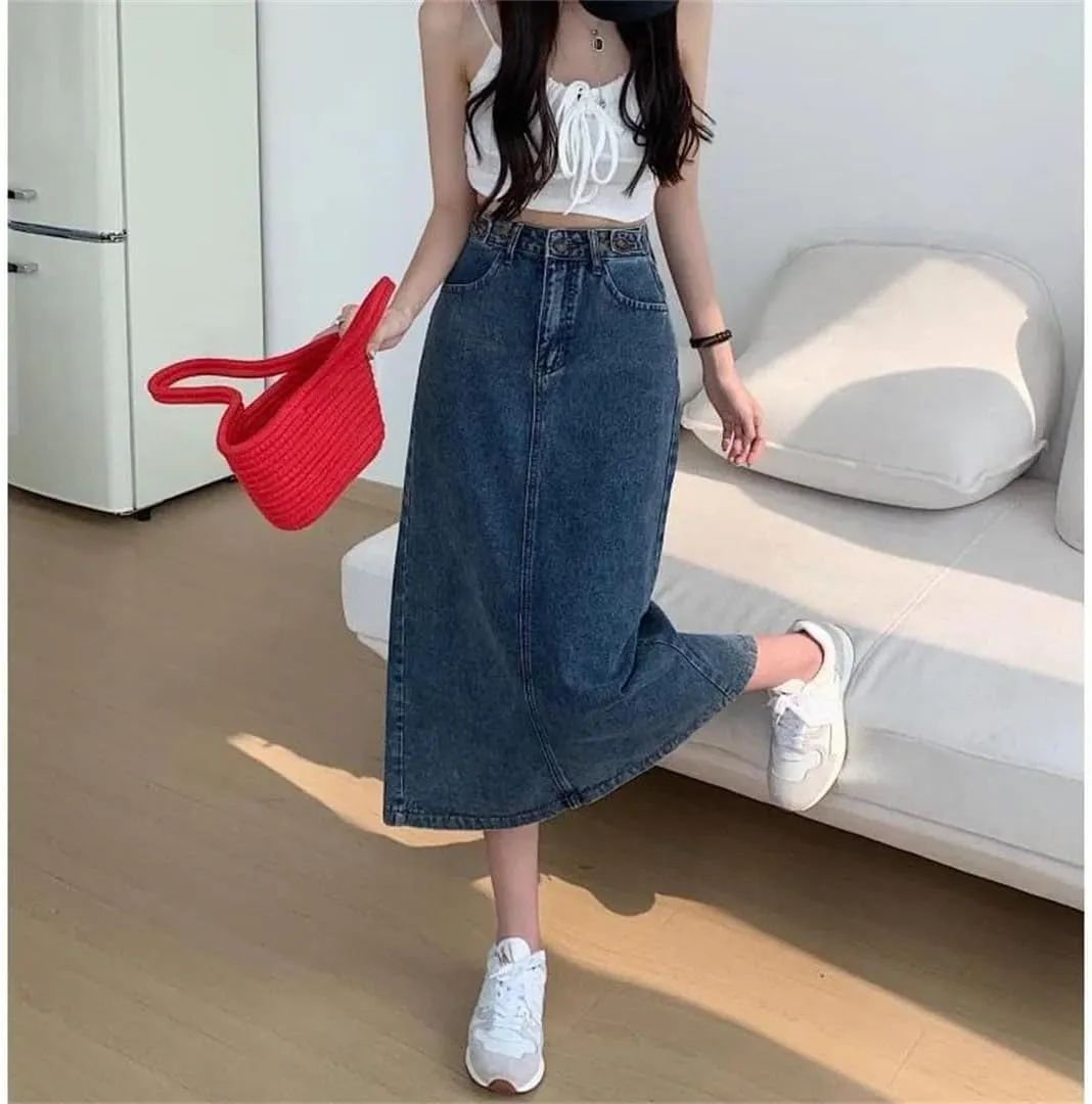 Women's High-Waisted Denim Skirt Plus Size Design Sensibility Slimming Side Slit A- Line Skirt