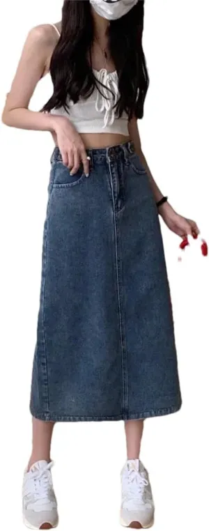 Women's High-Waisted Denim Skirt Plus Size Design Sensibility Slimming Side Slit A- Line Skirt