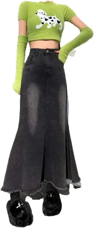 Women's High-Waisted Denim Style Sensible Vintage Medium Length A- Line Long Skirt