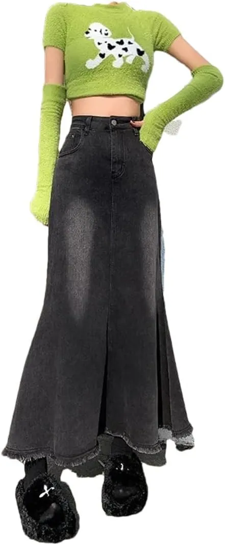 Women's High-Waisted Denim Style Sensible Vintage Medium Length A- Line Long Skirt